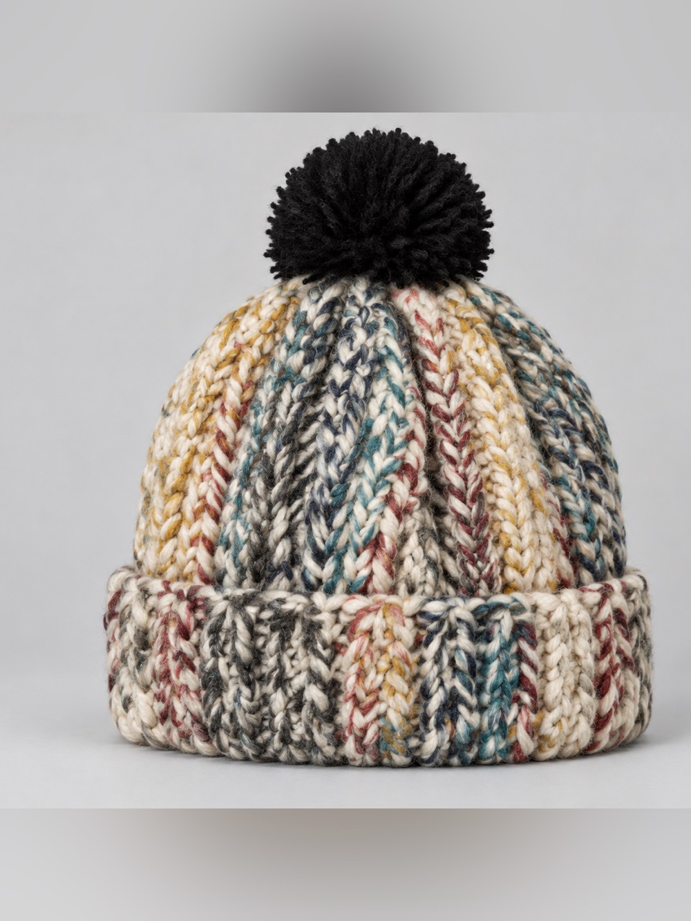 Chunky Multicolor Marled Cable Knit Pom-Pom Beanie Winter Hat Bohemian